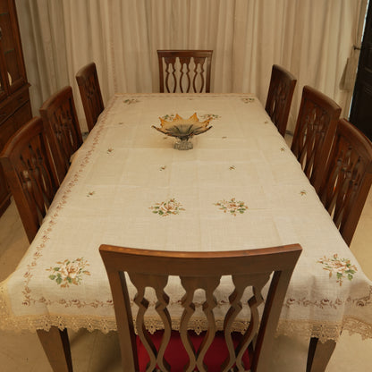 Premium Floral Embroidered Table Cloth with Lace Border - Elegant Beige Dining Linen