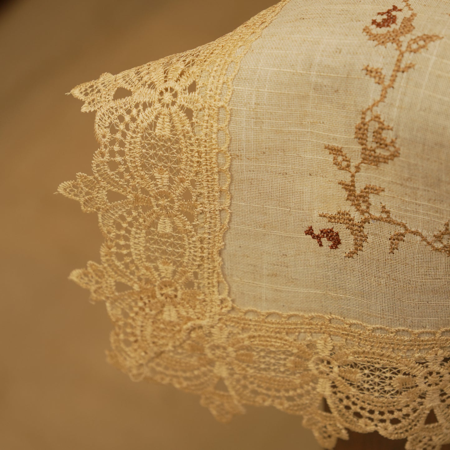 Premium Floral Embroidered Table Cloth with Lace Border - Elegant Beige Dining Linen