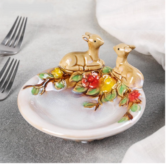 Ceramic Fawn Garden Dish – Handcrafted Decorative Bowl with Deer & Floral Design