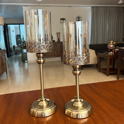 Elegant Glass & Metal Candle Holder Set of 2