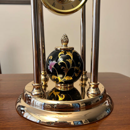 Vintage Table Clock with Golden Frame & Enamel Floral Design