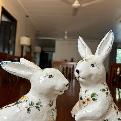 White Floral Rabbit Figurine  2 PC Set