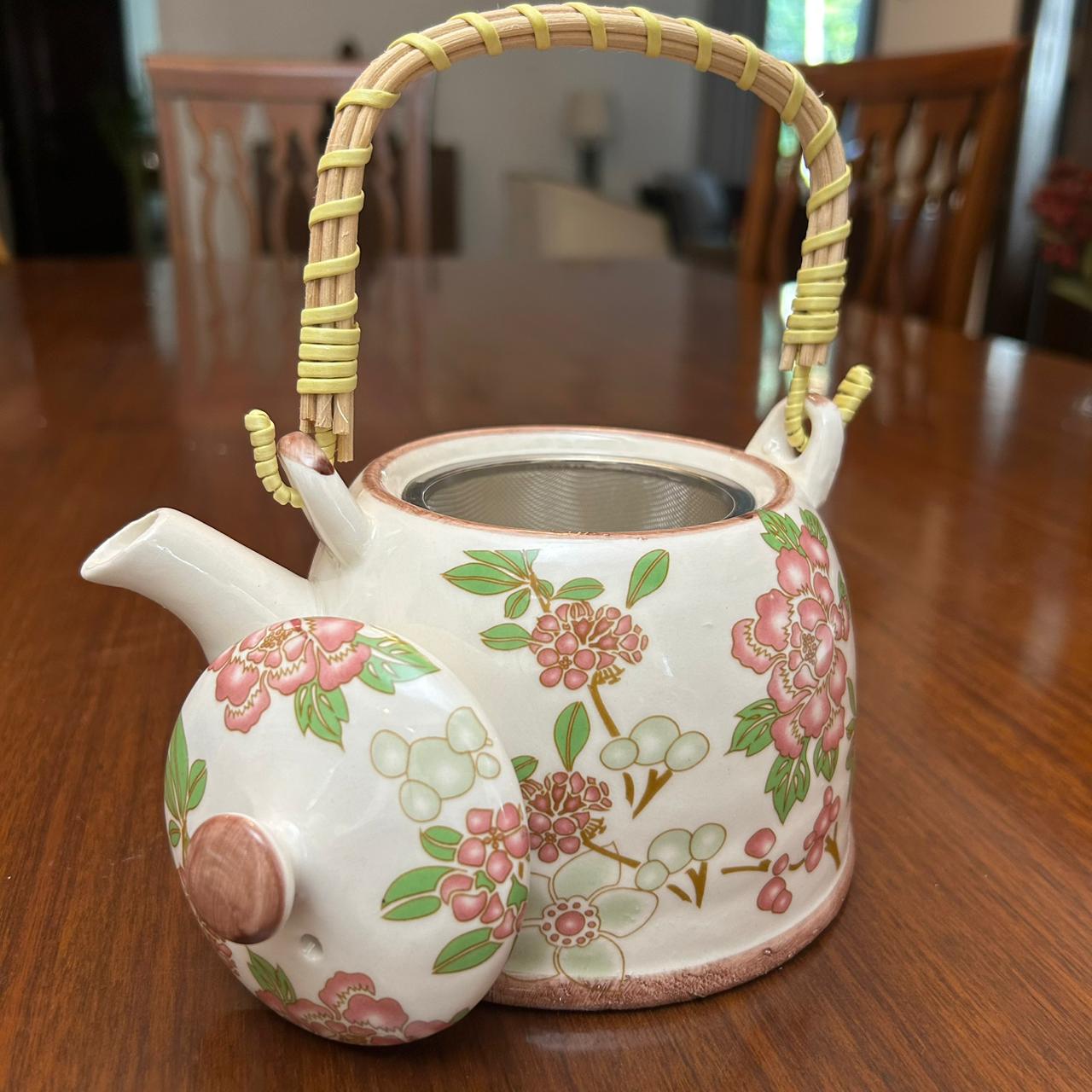 Oriental White & Pink Teapot with Sieve