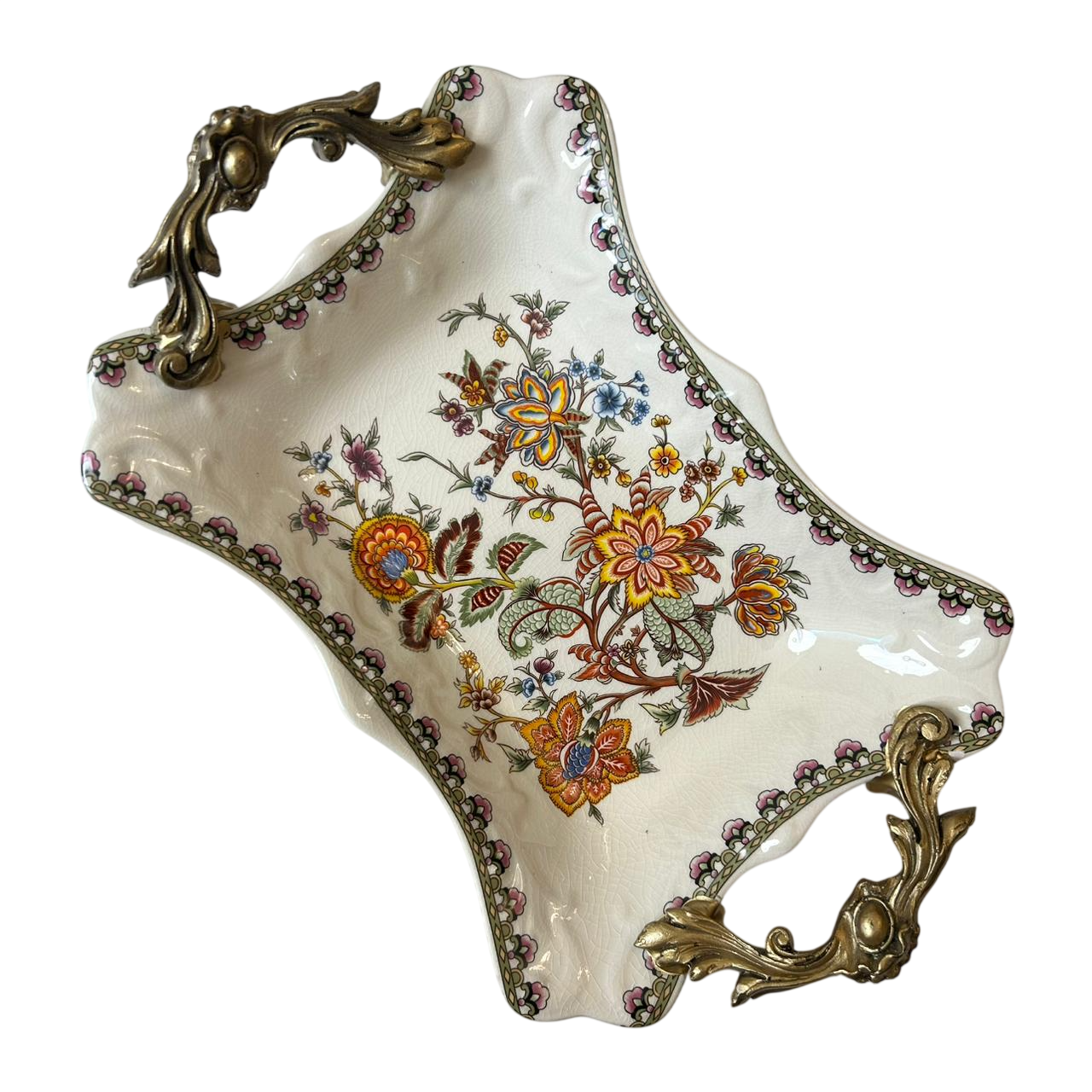 Vintage Floral Porcelain Serving Tray with Handles