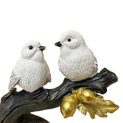 Couple Bird Figurine on Branch with Golden Leaf Accents