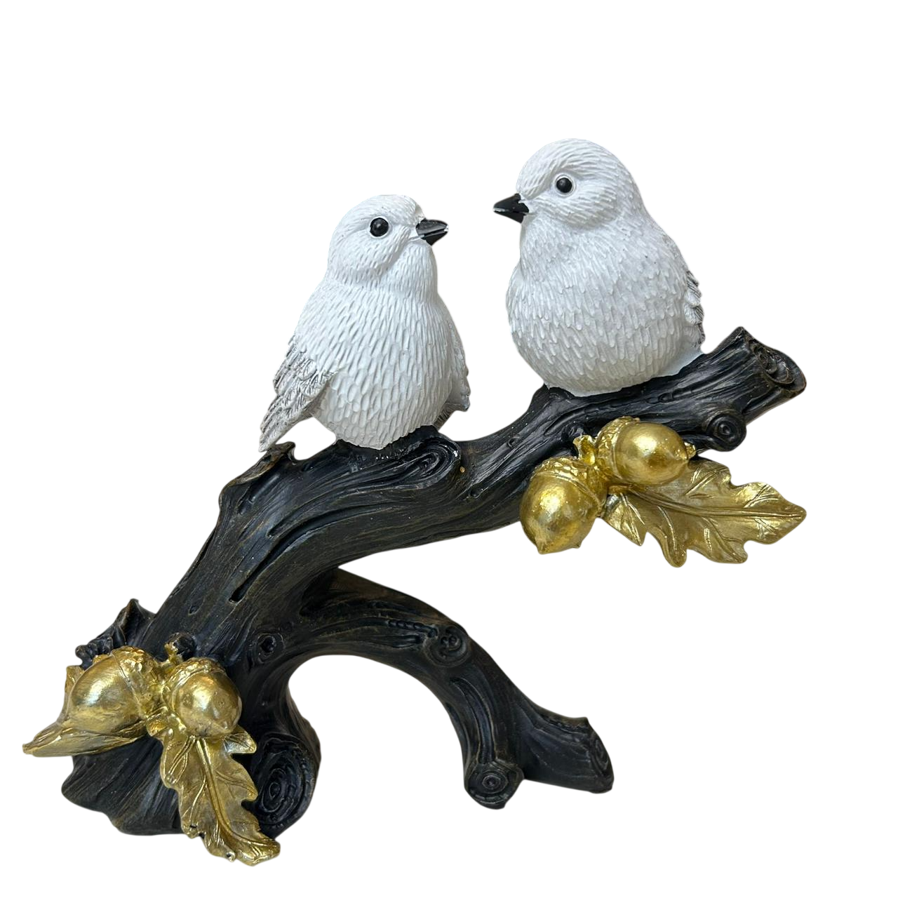 Couple Bird Figurine on Branch with Golden Leaf Accents