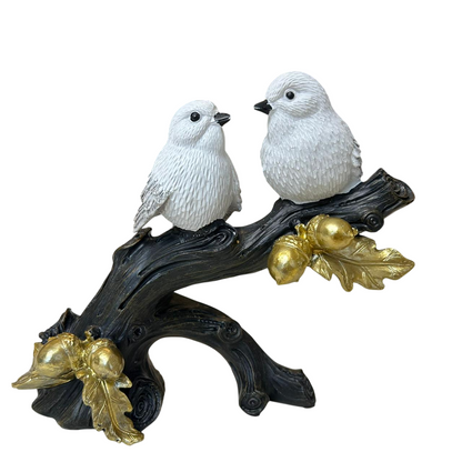 Couple Bird Figurine on Branch with Golden Leaf Accents