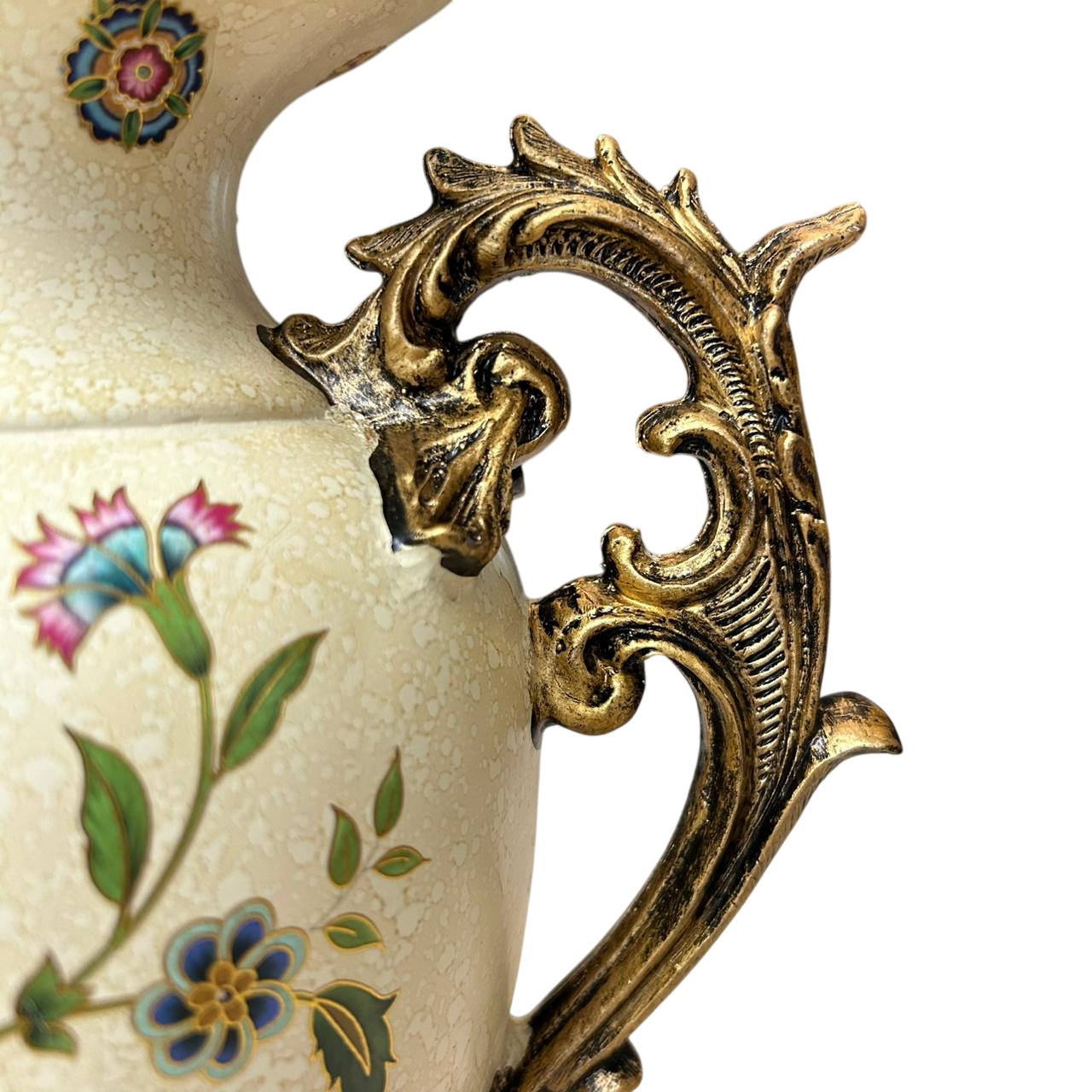 Vintage Floral Ceramic Vase with Antique Gold Handles