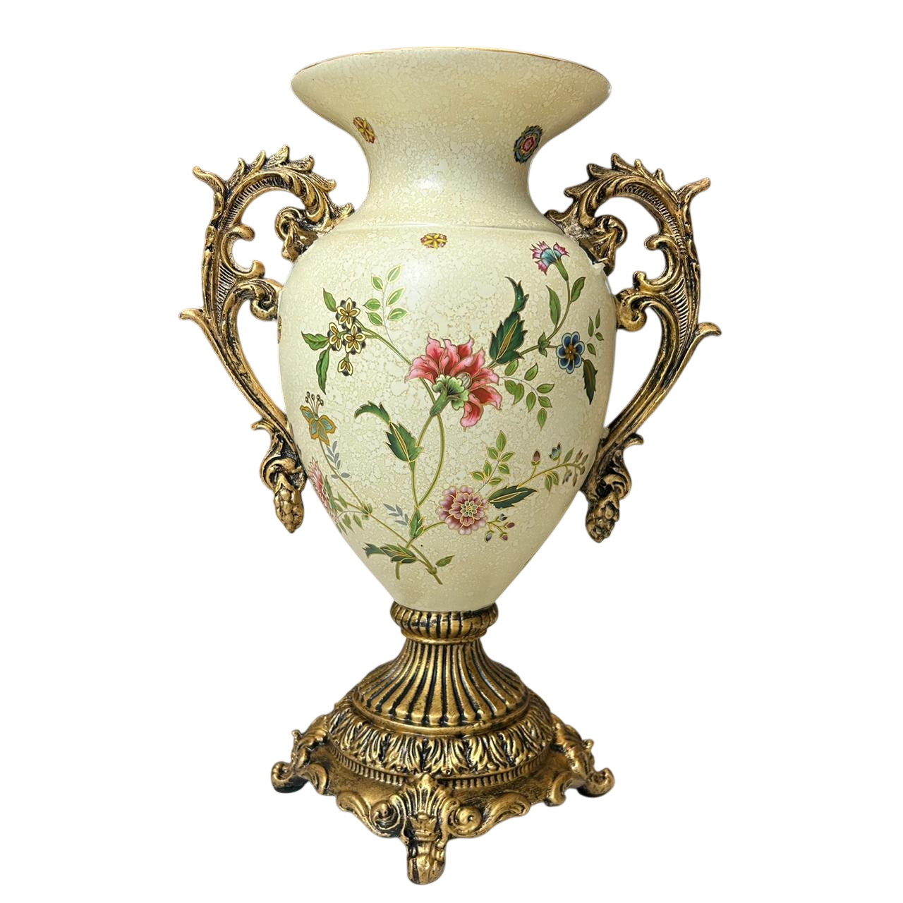 Vintage Floral Ceramic Vase with Antique Gold Handles