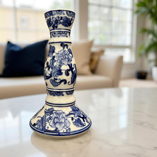 Elegant Blue & White Ceramic Candle Stand – Large