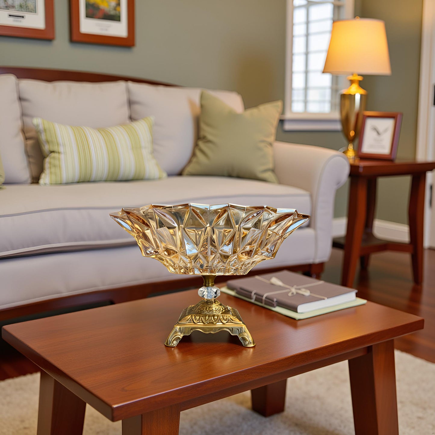 Oriental Crystal Glass Decorative Bowl with Golden Stand
