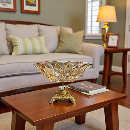 Oriental Crystal Glass Decorative Bowl with Golden Stand