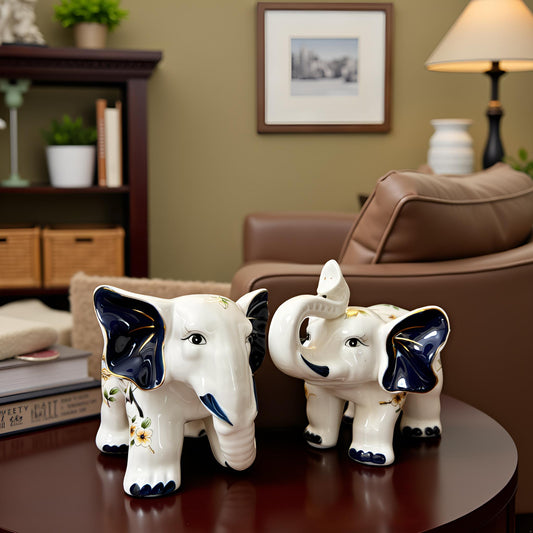 Handcrafted Ceramic Elephant Figurine 2 PC Set