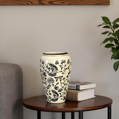 Elegant Black & White Ceramic Vase with Bird and Floral Design (Large)