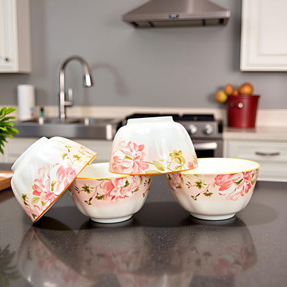 Classic Ceramic Bowls with Pink Floral Motif | Set of 4