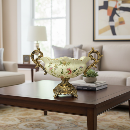 Elegant Floral Centerpiece Bowl with Antique Gold Stand