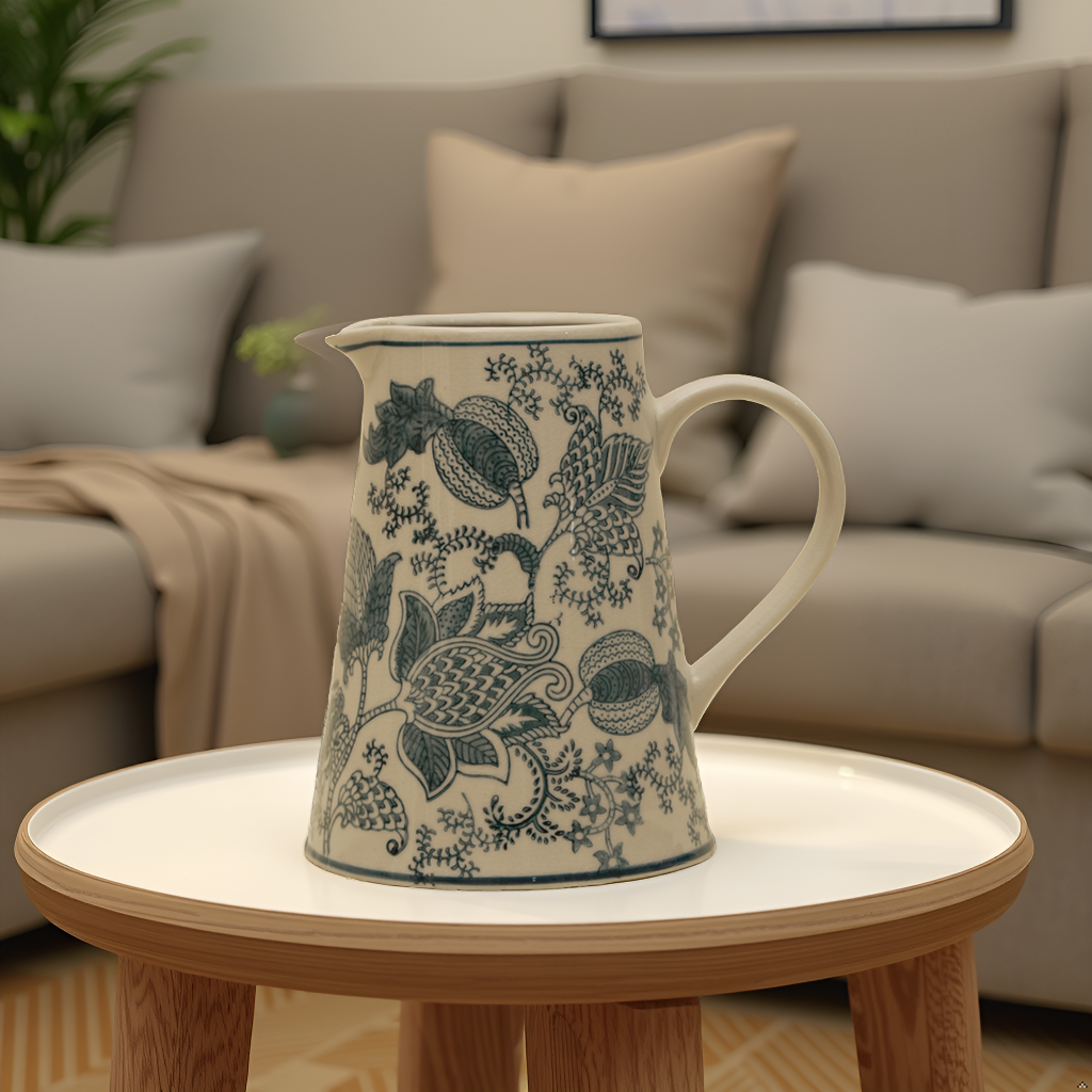 Elegant Blue Floral Ceramic Pitcher Vase