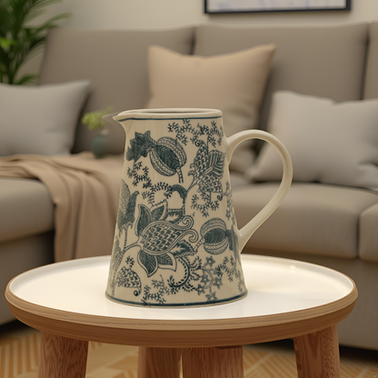 Elegant Blue Floral Ceramic Pitcher Vase
