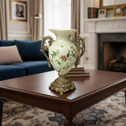Vintage Floral Ceramic Vase with Antique Gold Handles