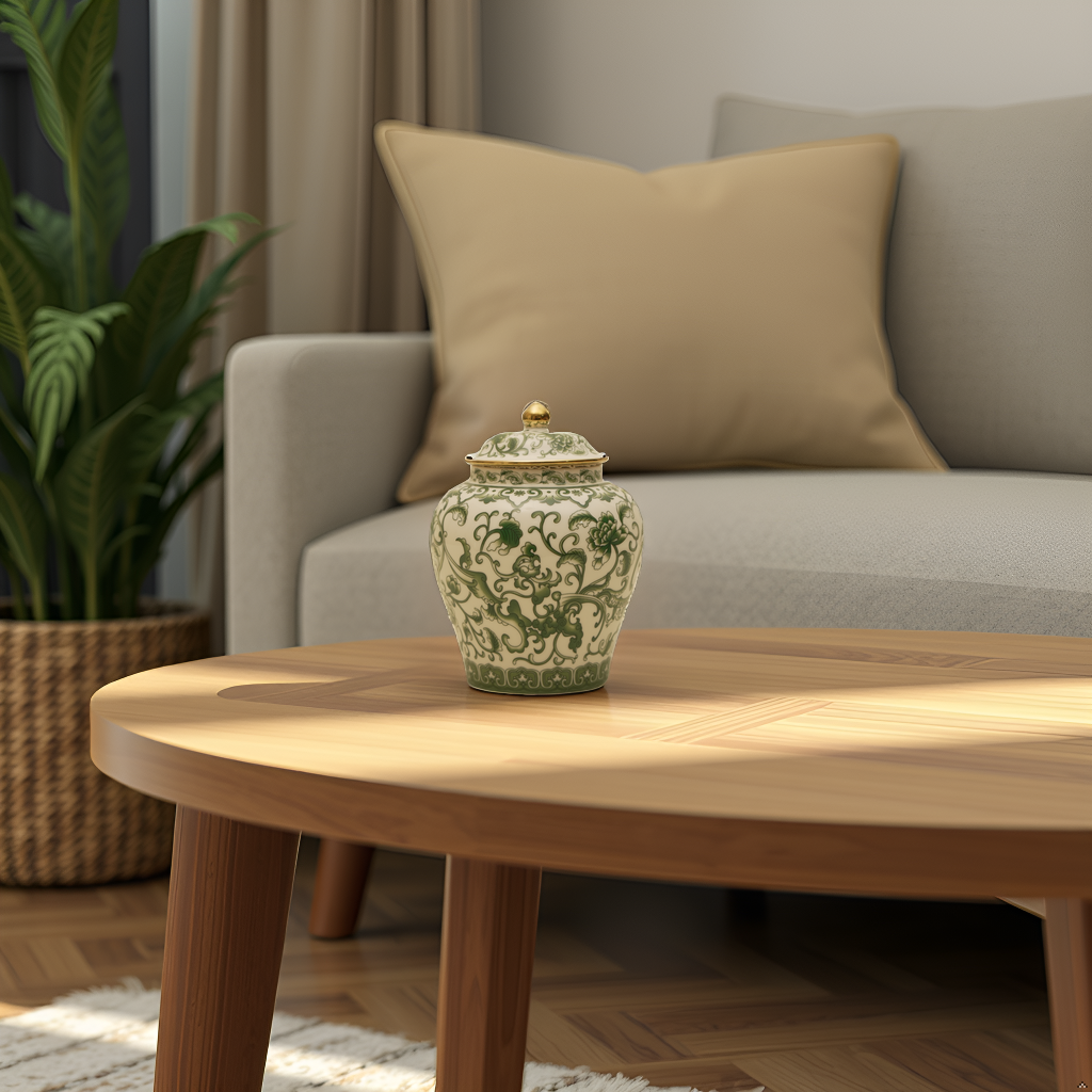 Elegant Green Floral Ceramic Ginger Jar