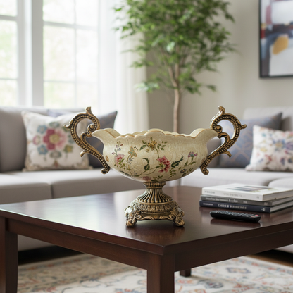 Elegant Floral Centerpiece Bowl with Antique Gold Stand