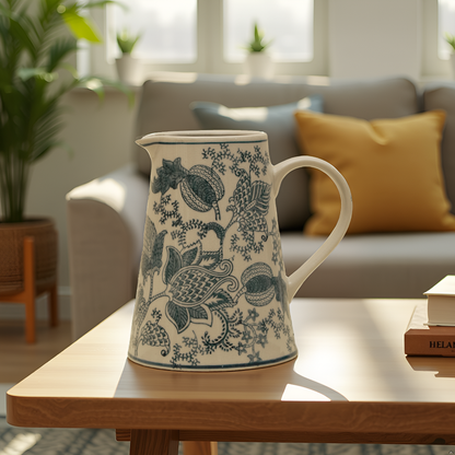 Elegant Blue Floral Ceramic Pitcher Vase