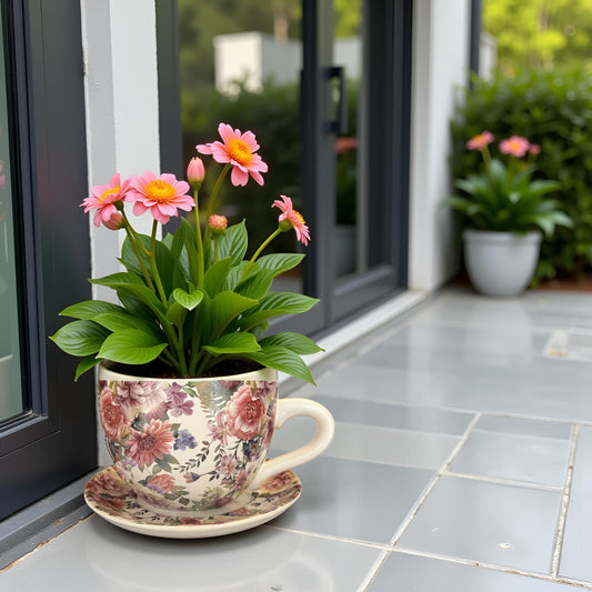 Decorative Oversized Floral Cup and Saucer Style – Ceramic Planter