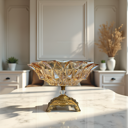 Oriental Crystal Glass Decorative Bowl with Golden Stand