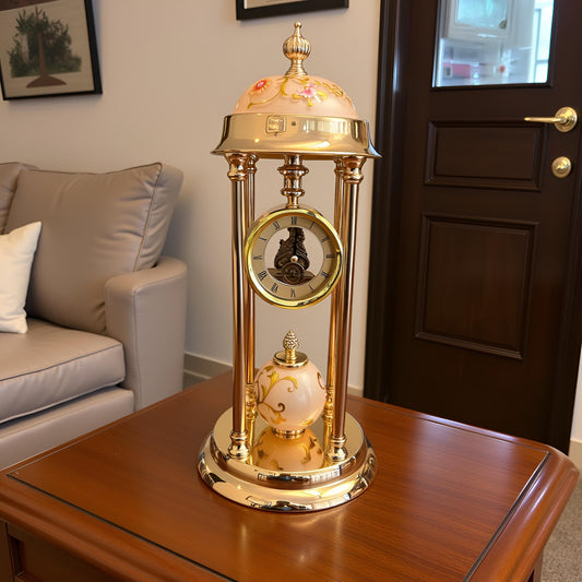 Golden Table Clock with Peach Enamel Floral Design
