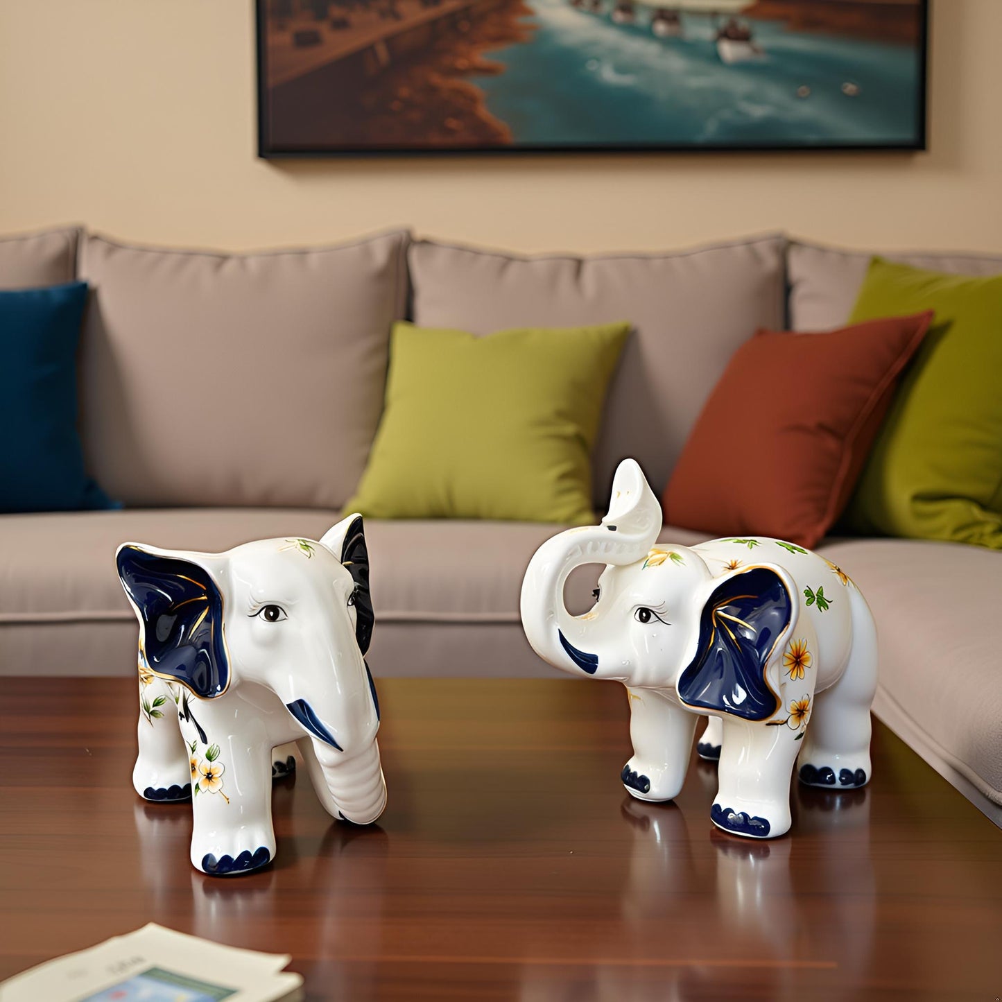 Handcrafted Ceramic Elephant Figurine 2 PC Set