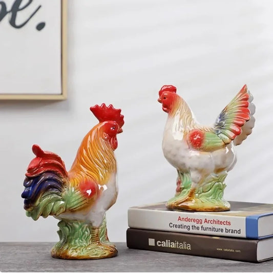 Ceramic Rooster & Hen Figurine - Set of 2 pieces (Big)