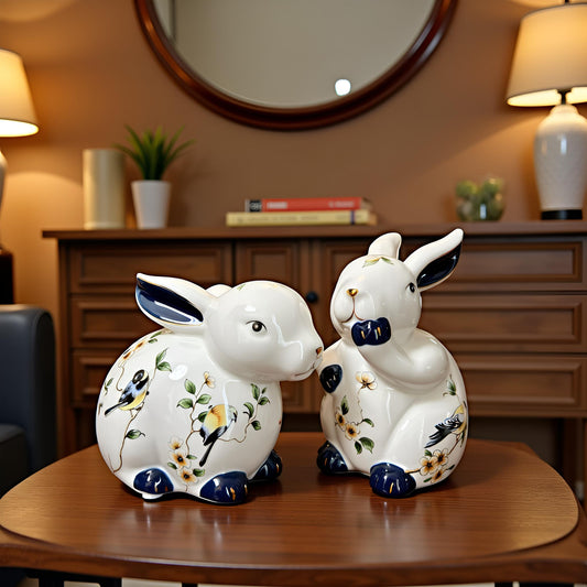 White Floral Rabbit Figurine  2 PC Set