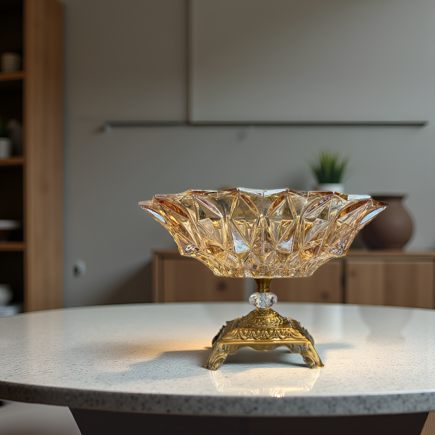 Oriental Crystal Glass Decorative Bowl with Golden Stand