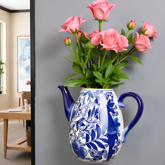 Elegant Blue & White Wall Kettle Style Vase Deco - Blue Pottery Collection