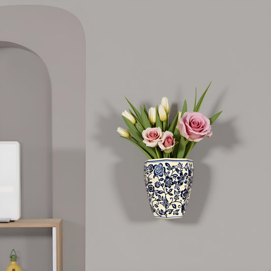 Oriental Blue & White Ceramic Wall Vase – Handcrafted Floral Wall Décor