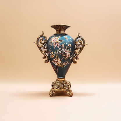 Floral Vase with Ornate Gold Handles - Decorative Vase