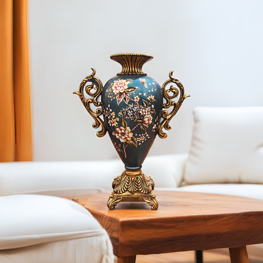 Floral Vase with Ornate Gold Handles - Decorative Vase