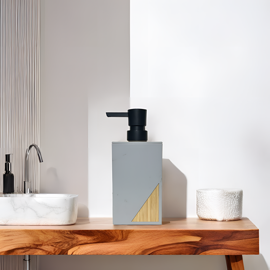 Modern Minimalist Soap Dispenser – Matte Grey with Bamboo Accent