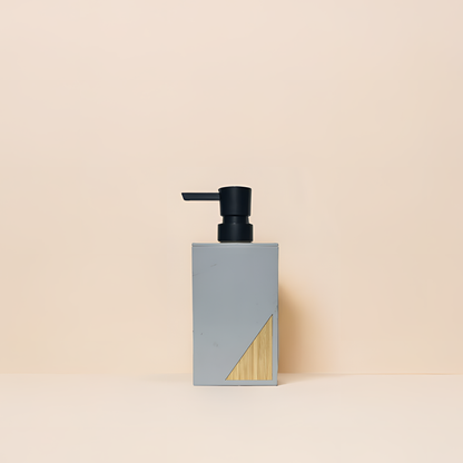 Modern Minimalist Soap Dispenser – Matte Grey with Bamboo Accent