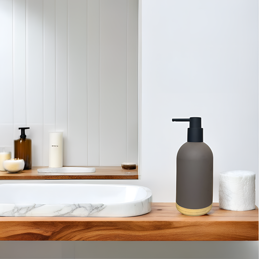 Contemporary Round Soap Dispenser – Mocha Matte with Bamboo Base