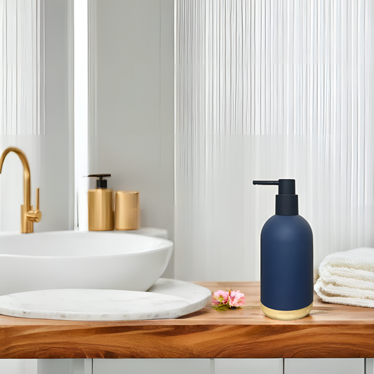 Contemporary Round Soap Dispenser – Matte Blue with Bamboo Base