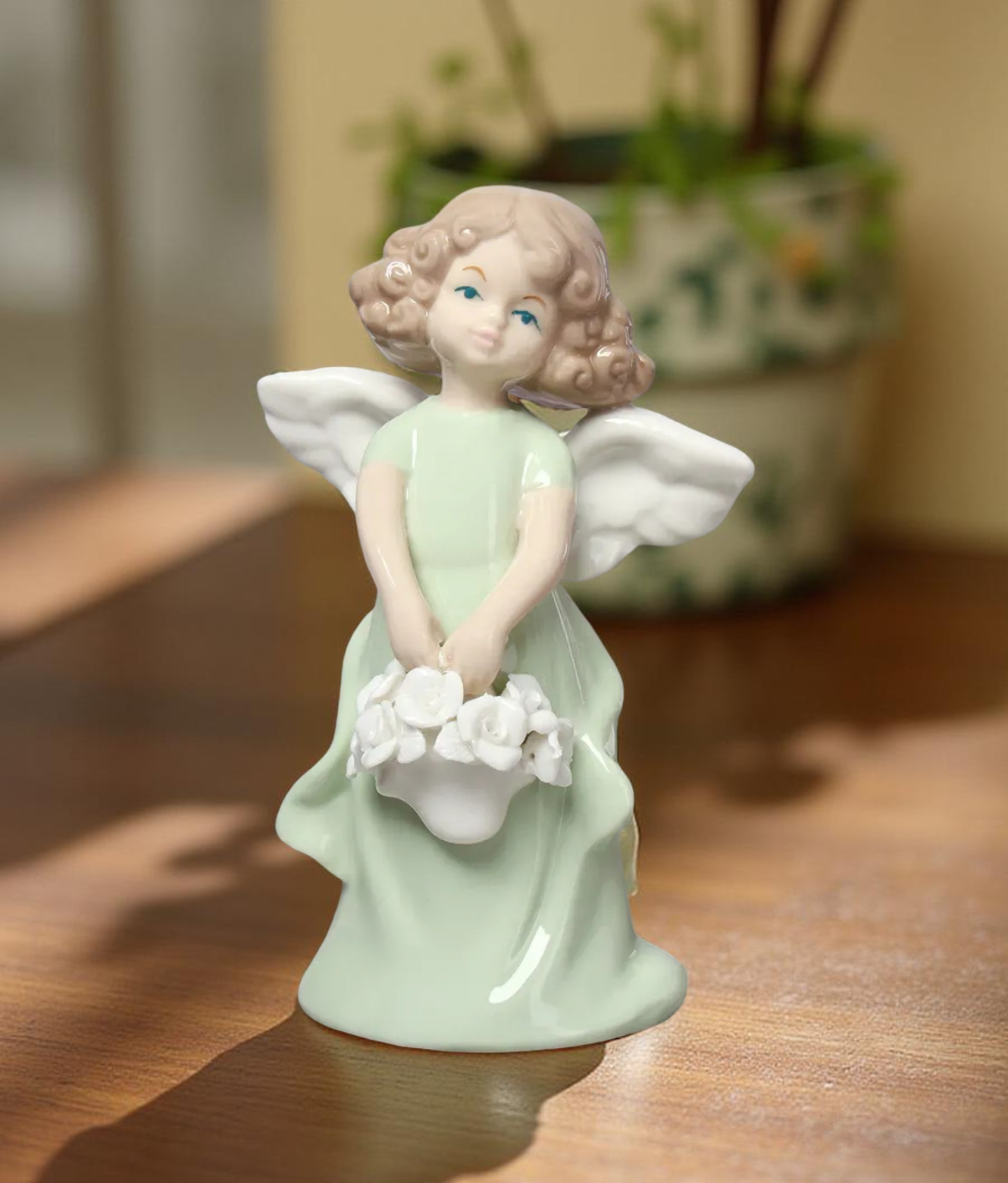 Porcelain Angel Figurine in Light Green– Holding Flower Basket