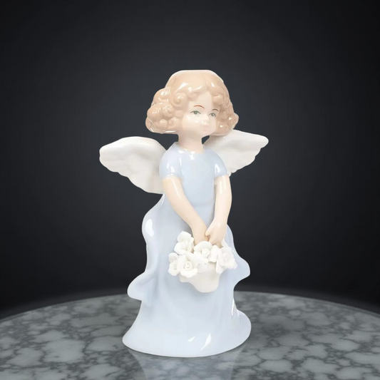 Porcelain Angel Figurine in Light Blue– Holding Flower Basket