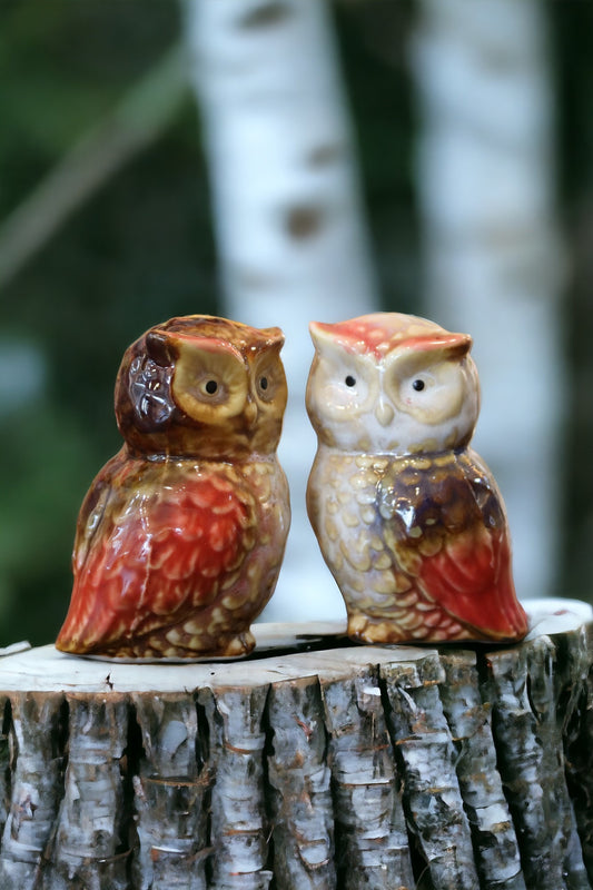 Vintage Ceramic Owl Figurines – Set of 2 in Burnt Orange & Gold