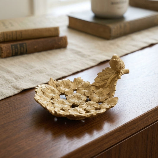 Vintage Style Gold Decorative Bowl with Floral Carving & Bird Detail