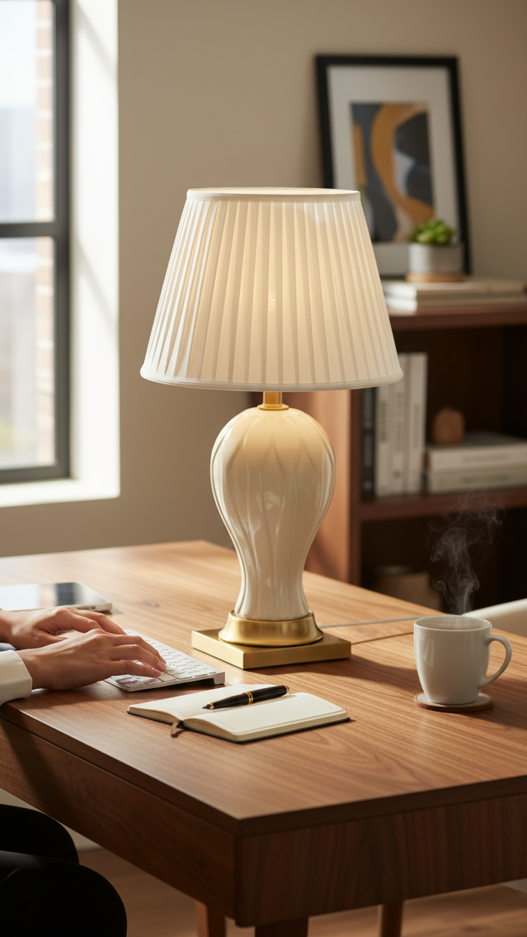 Timeless Ivory Bedside Lamp with Pleated Fabric Shade