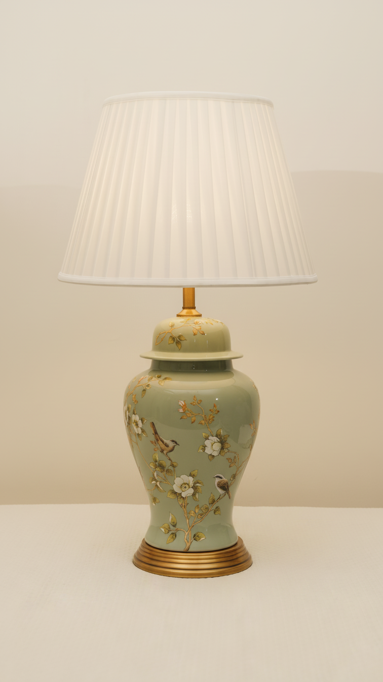 Elegant Hand-Painted Floral Lamp with Pleated Shade