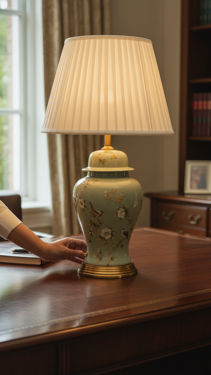 Elegant Hand-Painted Floral Lamp with Pleated Shade
