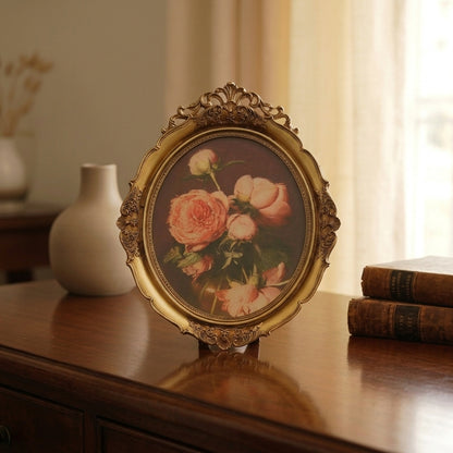 Elegant Oval Gold Decorative Frame with Classic Rose Design