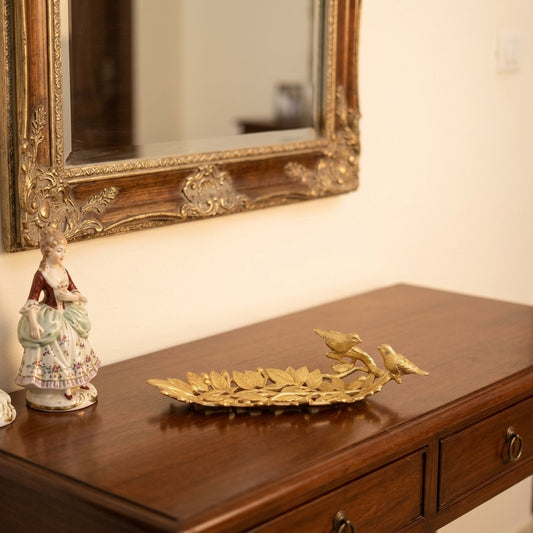 Vintage Style Gold Decorative Tray with Birds & Leaf Design
